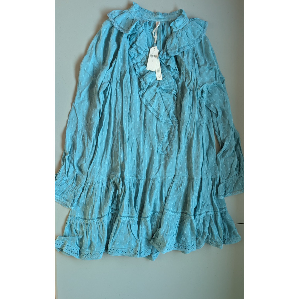 NWT By Anthropologie Long-Sleeve V-Neck Ruffled Tunic Dress Sz S TURQUOISE NA452 - Picture 2 of 9